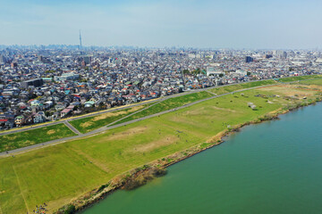 Fototapeta na wymiar 江戸川上空からの東京の空撮