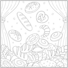 Fantasy Bread rain in bakery shop. Learning and education coloring page illustration for adults and children. Outline style, black and white drawing