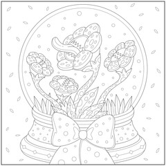 Fantasy herbivore flower in the glass ball with beautiful ribbon. Learning and education coloring page illustration for adults and children. Outline style, black and white drawing.