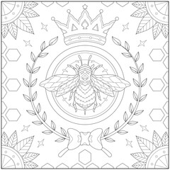 Beautiful king bee with plant border ribbon and beeswax . Learning and education coloring page illustration for adults and children. Outline style, black and white drawing.