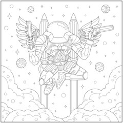 Fantasy flying astronaut robot in the sky with weapon and jetpack. Learning and education coloring page illustration for adults and children. Outline style, black and white drawing.