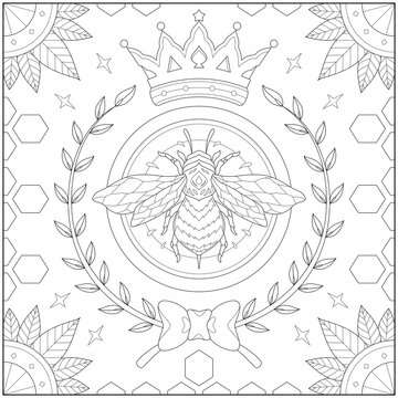 Beautiful king bee with plant border ribbon and beeswax . Learning and education coloring page illustration for adults and children. Outline style, black and white drawing.