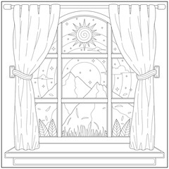 Beautiful mountain landscape view from house curtain. Learning and education coloring page illustration for adults and children. Outline style, black and white drawing.
