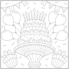 Delicious and amazing party cake with balloon, flag and gift box. Learning and education coloring page illustration for adults and children. Outline style, black and white drawing.