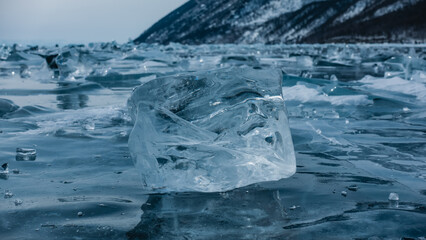 Ice shard close-up. A pale blue transparent shining crystal on the surface of a frozen lake. Reflection. Soft background with many small pieces of ice.
Lake Baikal