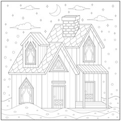 Big house in the winter season. Learning and education coloring page illustration for adults and children. Outline style, black and white drawing.