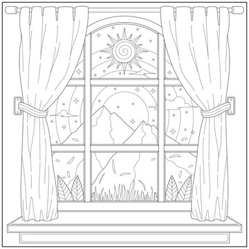 Beautiful mountain landscape view from house curtain. Learning and education coloring page illustration for adults and children. Outline style, black and white drawing.