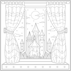 Kingdom castle view from house curtain in beautiful landscape. Learning and education coloring page illustration for adults and children. Outline style, black and white drawing.
