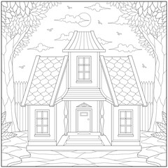 Amazing house in the forest for peace can calm atmosphere and meditation. Learning and education coloring page illustration for adults and children. Outline style, black and white drawing.