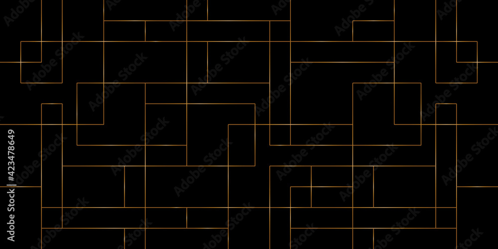 Poster geometric of mondrian pattern. design rectangular and square tile gold on black background. design p