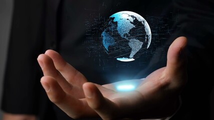 Human hand holding earth globe holographic technology . Futuristic visualization for virtual reality and augmented reality .