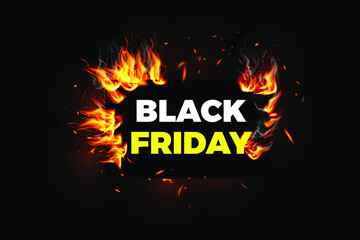 Hot Black Friday banner. Burning red hot sparks realistic fire flames. Eps10 vector illustration.
