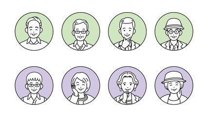 シニア　年配　高齢者　お年寄り　男女　人々　アイコン　セット　イラスト素材