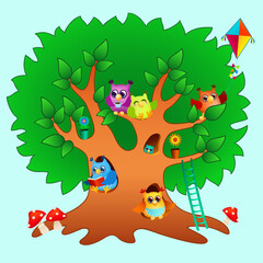 funny cartoon owls family on big green tree. cute colored birds on branches and in hollows. fairy tale home for little owls. vector illustration 