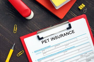 Business concept meaning PET INSURANCE Application Form with phrase on the financial document
