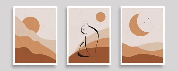 Modern Trendy Cards Set with Line Art Elements. Abstract Banners Collection with Landscape Boho Style. Trendy Minimalist Poster Line Art Design. Minimal Abstract Background. Vector EPS 10.
