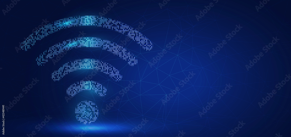 Poster wireframe geometric polygonal design. high-speed big data transfer broadband. wi-fi signal icon on t