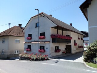House with pink flowers near Ljubljana Slovenia