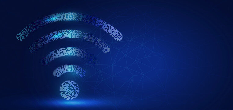 Wireframe geometric polygonal design. High-speed big data transfer broadband. Wi-Fi signal icon on the left with copy space on the right. Low poly internet wire frame digital vector illustration.