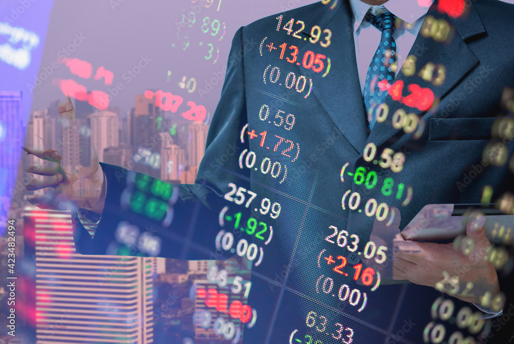 Poster financial data in term of a digital prices on led display. a number of daily market price and quotat