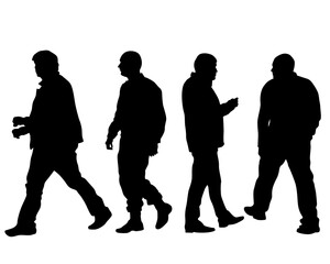 Young people in fashionable clothes on the street. Isolated silhouettes on white background
