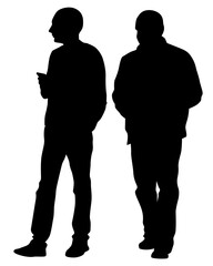 Young people in fashionable clothes on the street. Isolated silhouettes on white background