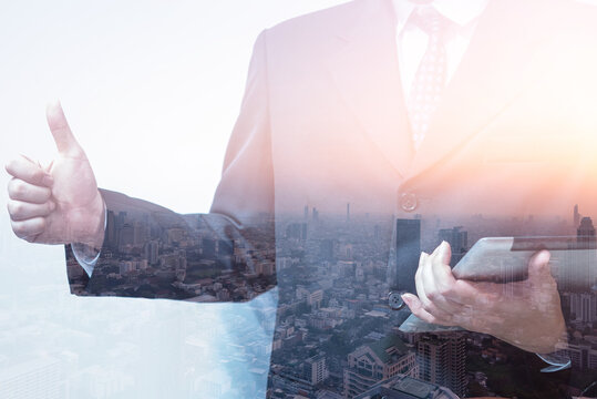 Double exposure of young business man and digital number of stock market background to represent successful in investment marketing. Find out the best solution in business and financial as concept.