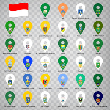 Thirty four flags the Provinces of Indonesia -  alphabetical order with name.  Set of 2d geolocation signs like flags Provinces of Indonesia.  Thirty four  2d geolocation signs for your design. EPS10