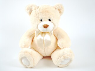 Teddy bear toy isolated on white background ,happy valentines day ,teddy bear with pink ribbon and heart	