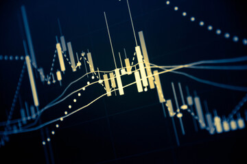 Stock market data on digital LED display. A daily market price and quotation of prices chart and candle stick tracking for Foreign Exchange trading.