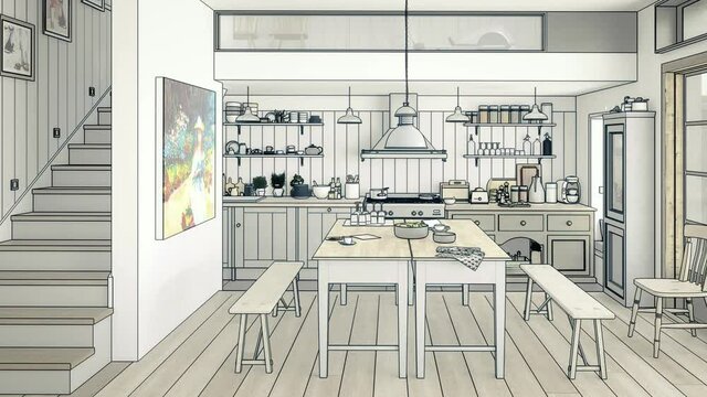 Practical Domestic Kitchen Arrangement - loopable 3D Visualization