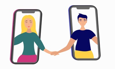 A young woman and a man communicate through a mobile phone and Internet resources, a psychological problem of communication, a concept. Vector illustration of combining relationships