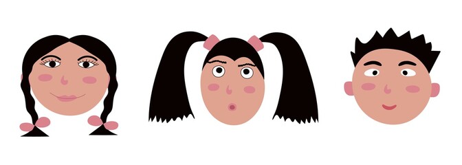 A set of funny avatars of children on a white background. Smiling, happy faces. Vector illustration for work and leisure