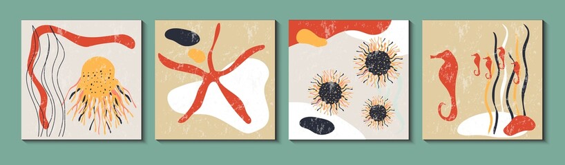 set of modern posters with an abstract composition of organic forms in a fashionable modern collage style, marine theme, used for wall decoration, greeting cards, corals, stars, fish, marine life