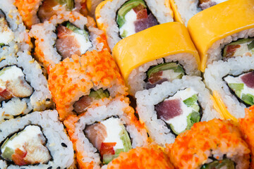 Large set of sushi rolls with avocado eel, salmon, chedar cheese, sesame seeds, caviar, tuna, nori, cucumber and cream cheese close-up