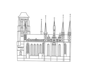 Vector line hand drawn illustration with St. Mary's Church. Basilica Mariacka. Gdansk, Poland. Old town. . Brick Gothic Roman Catholic church