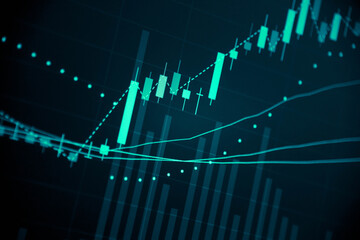 Fundamental and technical analysis for professional technical trading as concept. Digital graph of financial instruments with some indicators including of MACD. EMA and the volume analysis.	