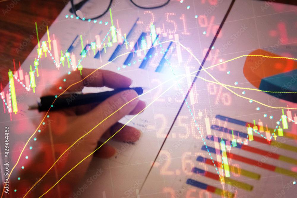 Poster fundamental and technical analysis for professional technical trading as concept. digital graph of f