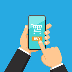 Businessman hand holding smartphone with online shopping on screen, E-commerce purchase business concept, Flat design vector illustration