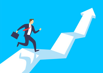 Businessman running up growing graph arrow, Business concept growth and the path to success, Flat design vector illustration