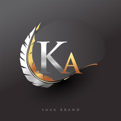 Initial letter KA logo with Feather Gold And Silver Color, Simple and Clean Design For Company Name. Vector Logo for Business and Company. - obrazy, fototapety, plakaty