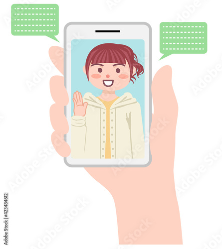 スマホを持つ手とスマホ画面に映る女性 Wall Mural Wallpaper Murals Pomupomu