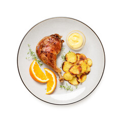 Duck leg confit served with potato chips and mustard sauce .Traditional french cuisine. Top view, isolated on white background