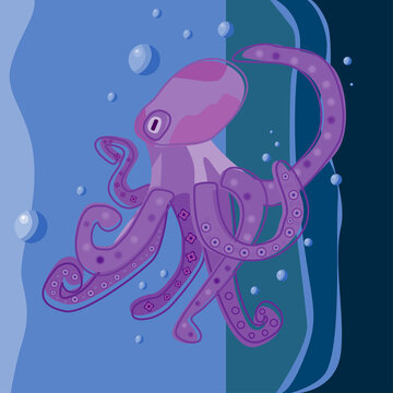 Adorable purple octopus in the depths of the sea. Cartoon underwater world. Design for t-shirt, summer bag, seafood advertising, etc. vector cartoon illustration