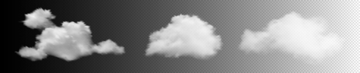 Transparent clouds set. White cloudiness, mist or smog background. Realistic vector clouds. Design element.
