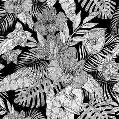 Seamless pattern with monochrome flowers on black background