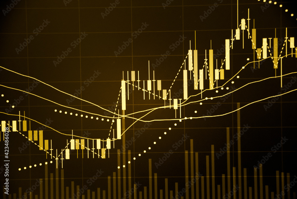Poster financial data of stock market in term of a digital prices on led display. a number of daily market 