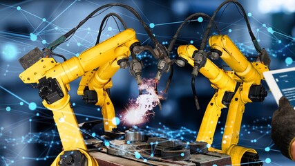 Smart industry robot arms modernization for innovative factory technology . Concept of automation...