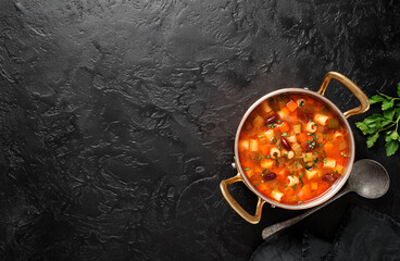 Vegetarian minestrone italian soup made with fresh vegetables, pasta and beans. Black background,...