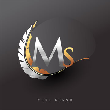 Initial letter MS logo with Feather Gold And Silver Color, Simple and Clean Design For Company Name. Vector Logo for Business and Company.